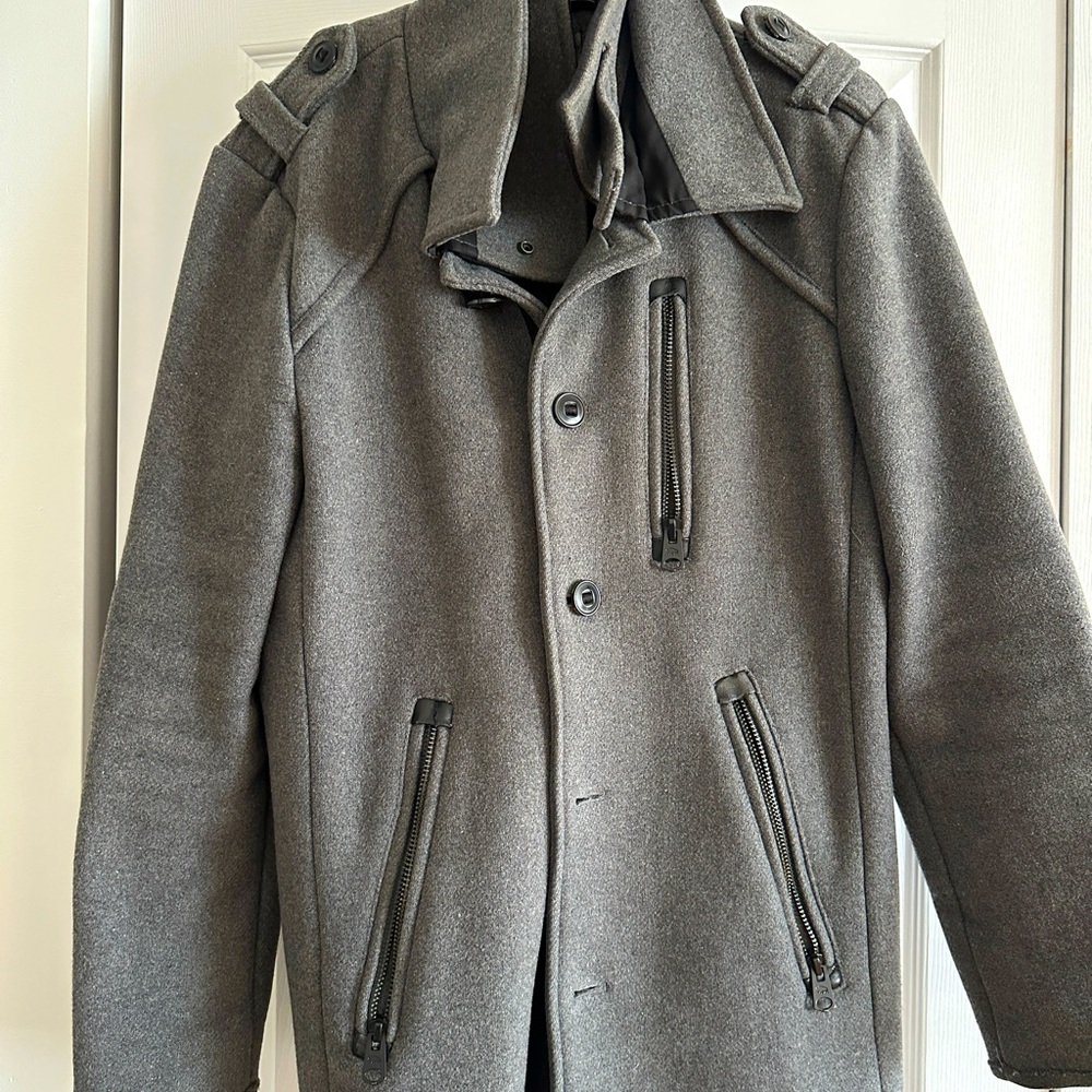 Buffalo wool blend men’s winter coat with leather elbow patches